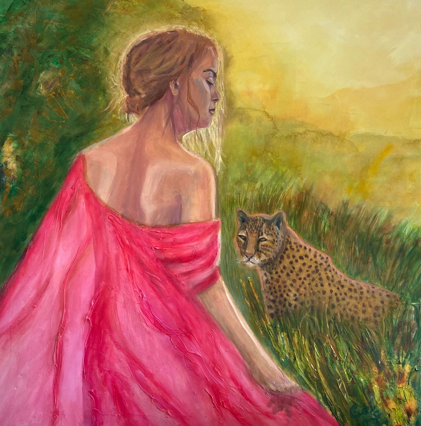 Out of Africa - Woman & Leopard - Original Mixed Media Painting